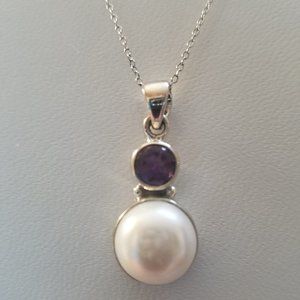 Sterling Silver Amethyst, Pearl Necklace, 18"